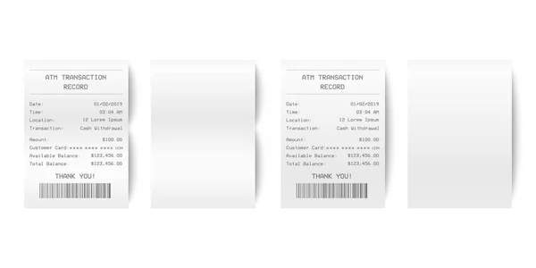 Vector realista 3d papel impreso ATM transacción registro recibo conjunto primer plano aislado sobre fondo blanco. Plantilla de diseño de Bill ATM, Receipt Records, Paper Financial Check for Mockup. Vista superior — Vector de stock