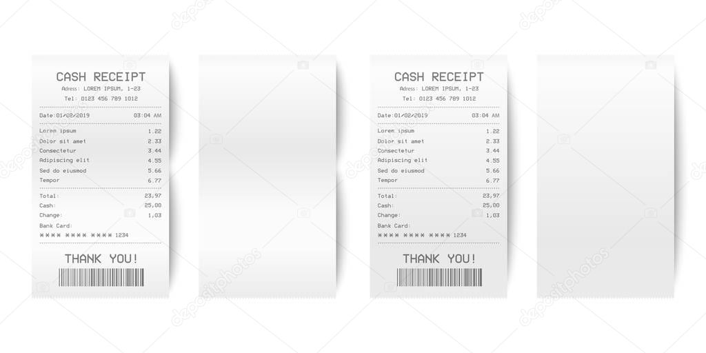 Vector Realistic 3d Paper Printed Sales Shop Receipt Set with Barcode Closeup Isolated on White Background. Design Template of Bill ATM, Receipt Records, Paper Financial Check for Mockup. Top View