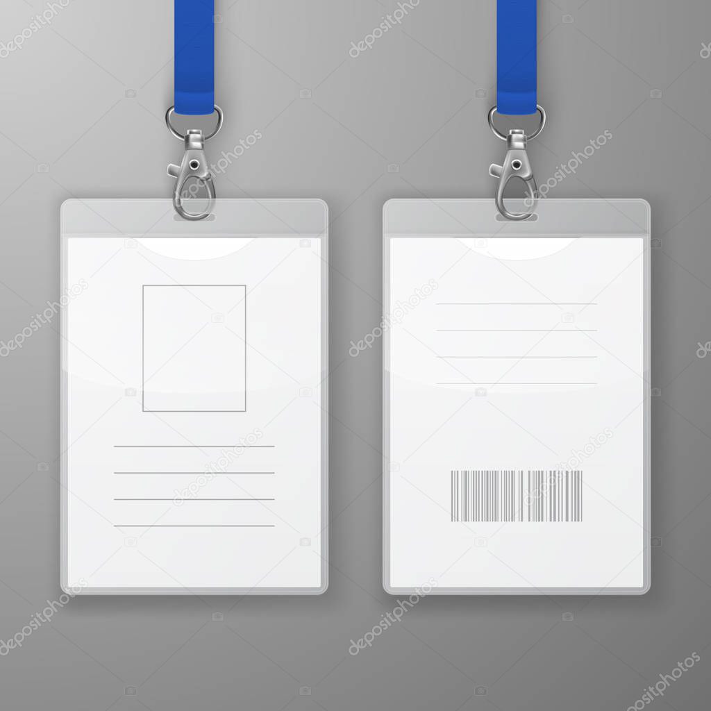 Two Vector Realistic Blank Office Graphic Id Cards with Clasp and Lanyard Closeup Isolated. Front and Back Side. Design Template of Identification Card for Mockup. Identity Card Mock-up in Top View