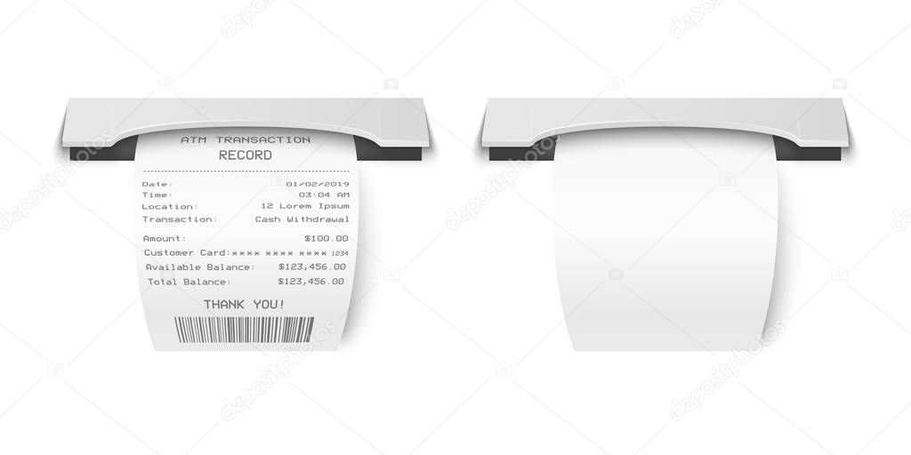 Vector Realistic 3d Paper Printed ATM Transaction Record Receipt Set Closeup Isolated on White Background. Design Template of Bill ATM, Receipt Records, Paper Financial Check for Mockup. Top View
