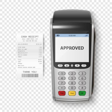 Vektör Gerçekçi Gümüş 3d Ödeme Makinesi. Posta Terminali, makbuzu kapalı, izole edildi. Banka Ödeme Terminali Tasarım Şablonu, Mockup. NFC ödeme cihazı işleniyor. Üst Görünüm