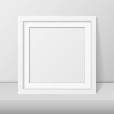 3D gerçekçi Modern iç beyaz boş dikey köşeli ahşap Poster resim çerçeve tablo, raf Closeup beyaz duvar, Mock-up vektör. Mockup, sunum için boş Poster çerçeve tasarım şablonu
