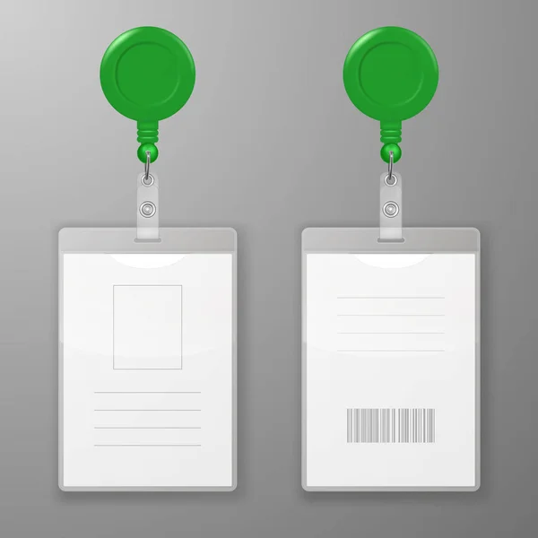 Vector Realistic Blank Office Graphic Id Cards with Round Clasp Reel Holder Clip Closeup Isolated. Front, Back Side. Design Template of Identification Card for Mockup. Identity Card Mock-up. Top View