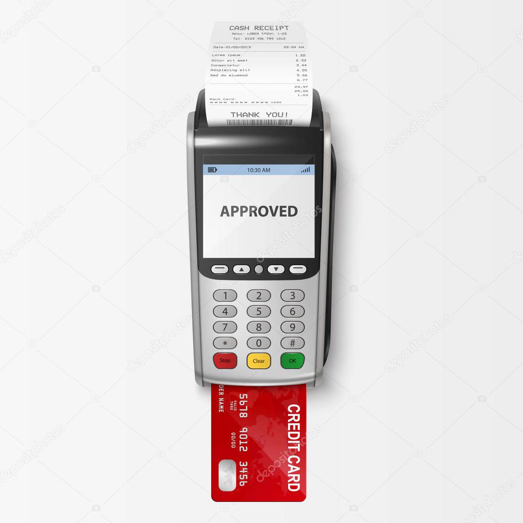 Vector Realistic Silver 3d Payment Machine. POS Terminal with Receipt and Credit Card Closeup Isolated on White Background. Design Template of Bank Payment Terminal, Mockup. payments device. Top View