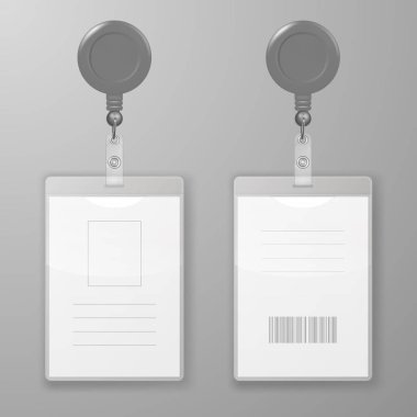 Vektör gerçekçi boş Office Grafik kimlik kartları ile yuvarlak toka Reel tutucu klip Closeup izole. Ön, arka tarafı. Tasarım şablonu Mockup için kimlik kartı. Kimlik kartı Mock-up. Üstten görünüm