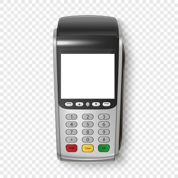 Vektor realistische Silber 3D-Zahlungsmaschine. pos Terminal Nahaufnahme isoliert auf Transparenzgitter Hintergrund. Designvorlage eines Bankzahlungsterminals, Attrappe. Verarbeitung von nfc-Zahlungsmitteln. Ansicht von oben — Stockvektor