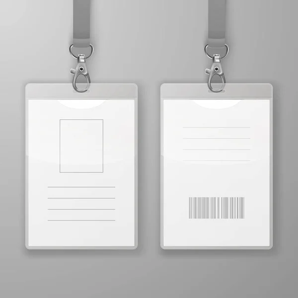 Δύο διανυσματικών ρεαλιστική κενό γραφείο Id κάρτες γραφικών με κούμπωμα και κορδόνι Closeup απομονωμένη. Μπροστινή και πίσω πλευρά. Πρότυπο σχεδίασης ταυτότητος για Mockup. Ταυτότητα μακέτα στην κάτοψη — Διανυσματικό Αρχείο