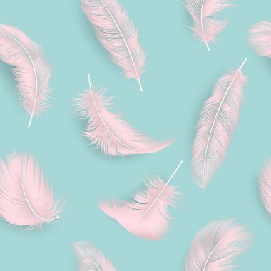 Vektör Seamless modeli 3d gerçekçi farklı düşen pembe tüylü döndürdüm üzerinde tüy mavi arka plan ile. Tasarım şablonu, melek, kuş veya Flamingo tropikal Vibes, tüy çeşitli şekillerde ayrıntılı