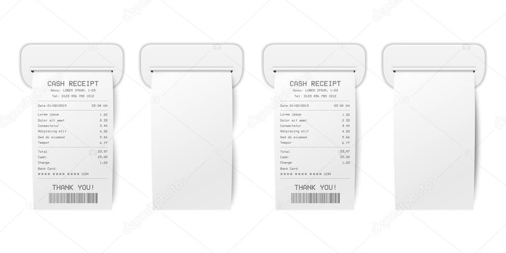 Vector Realistic 3d Paper Printed Sales Shop Receipt Set with Barcode Closeup Isolated on White Background. Design Template of Bill ATM, Receipt Records, Paper Financial Check for Mockup. Top View