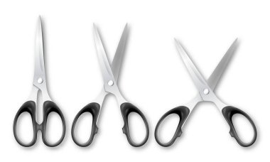 3D gerçekçi Metal kapalı ve ileti örneği makas plastik kulplar simgesiyle açılır vektör beyaz arka plan üzerinde izole kapatmak ayarlayın. Klasik makas için grafik, Mockup tasarım şablonu. Üstten görünüm