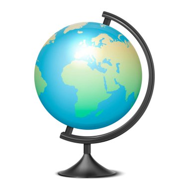 Vektör gerçekçi 3d Globe Planet Earth dünya simgesi Closeup beyaz arka plan üzerinde izole haritası ile. Tasarım şablonu, tablo, grafik, küçük resim için Dünya'nın modeli üzerinde de okul dünya. Önden görünüm