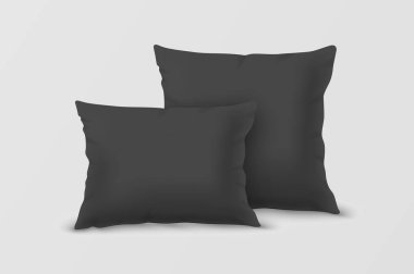 Vektör gerçekçi 3d siyah yastık beyaz arka plan üzerinde izole kapatmak ayarlayın. Yatak odası, ev, otel dekor unsurları. Kare ve dikdörtgen yastıklar grafik ve Mockup tasarım şablonu. Önden görünüm