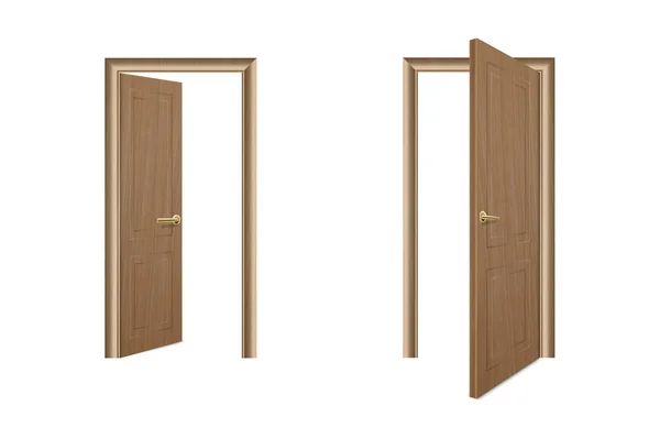 Vector Realistic Different Opened and Closed Brown Wooden Door Icon Set Closeup Isolasi di White Background. Elemen Arsitektur. Desain templat Klasik Home Door for Graphics. Tampilan Depan - Stok Vektor