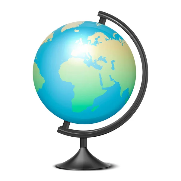 Vector realistische 3d Globe van de planeet aarde met kaart van de wereld pictogram close-up geïsoleerd op een witte achtergrond. Ontwerpsjabloon van School Globe op tafel, Model van de aarde voor afbeeldingen, Clipart. Vooraanzicht — Stockvector