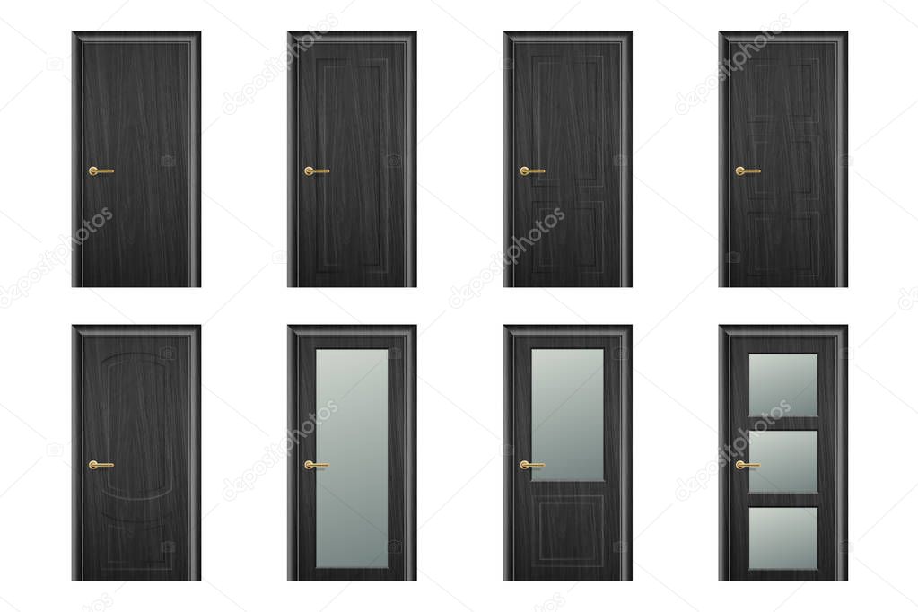 Vector Realistic Different Closed Black Wooden Door Icon Set Closeup Isolated on White Background. Elements of Architecture. Design template of Classic Home Door for Graphics, Clipart. Front View