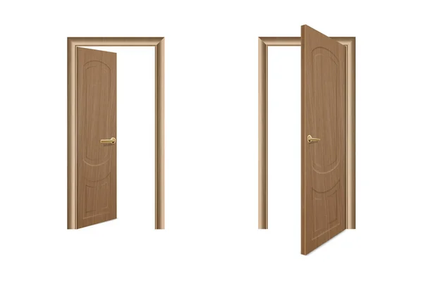 Vector Realista Diferente Abierto y Cerrado Marrón Icono de Puerta de Madera Set Primer plano Aislado sobre Fondo Blanco. Elementos de Arquitectura. Plantilla de diseño de Classic Home Door para gráficos. Vista frontal — Vector de stock