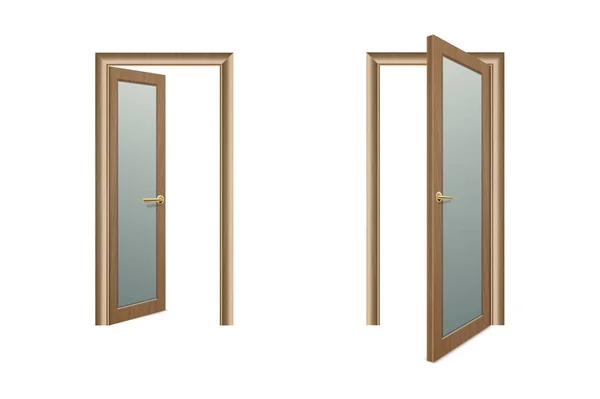 Vector Realista Diferente Abierto y Cerrado Marrón Icono de Puerta de Madera Set Primer plano Aislado sobre Fondo Blanco. Elementos de Arquitectura. Plantilla de diseño de Classic Home Door para gráficos. Vista frontal — Vector de stock