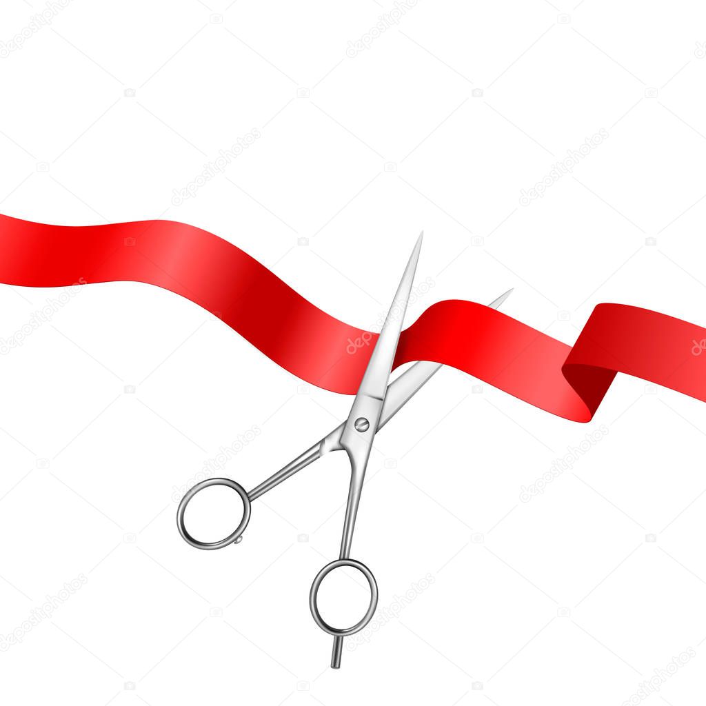 Grand Opening Background with Realistic Metal Silver Scissors and Red Ribbon Closeup Isolated on White Background. Design Template of Classic Scissors Cutting Red Ribbon Banner for Opening Ceremony