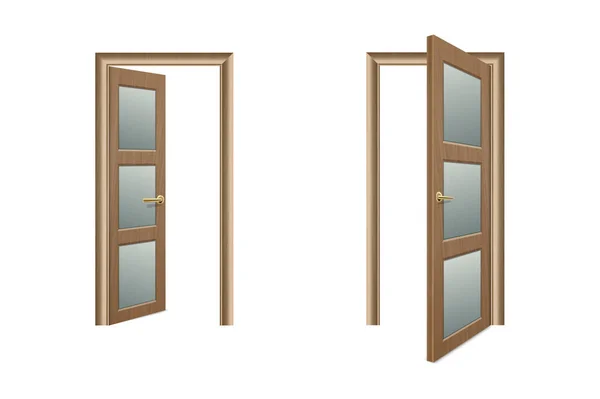 Vector Realista Diferente Abierto y Cerrado Marrón Icono de Puerta de Madera Set Primer plano Aislado sobre Fondo Blanco. Elementos de Arquitectura. Plantilla de diseño de Classic Home Door para gráficos. Vista frontal — Vector de stock