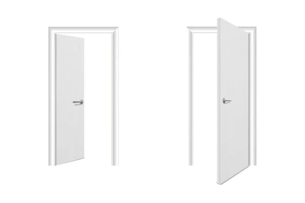 Vektor realistické různé otevřené a uzavřené bílé dřevěné dveře ikony Set Closeup izolovaných na bílém pozadí. Prvky architektury. Šablona návrhu s klasickou domácí dveří pro grafiku. Pohled zepředu — Stockový vektor
