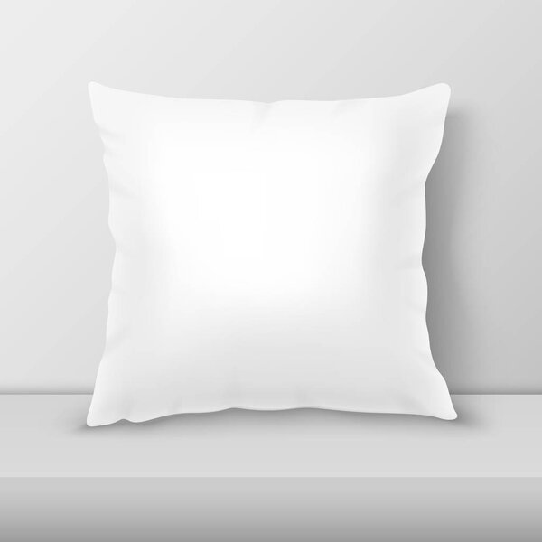 Векторный реалистичный 3D Белая подушка крупным планом на столе, Полка крупным планом на белом фоне стены, макет. Пустой квадратный шаблон дизайна подушки для макета, брендинга, логотипа печати. Дом, отель "Декор". Вид спереди
