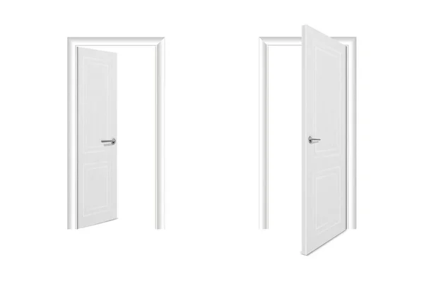 Vector Realistic Different Opened and Closed White Wooden Door Icon Set Closeup Isolated on White Background (dalam bahasa Inggris). Elemen Arsitektur. Desain templat Klasik Home Door for Graphics. Tampilan Depan - Stok Vektor