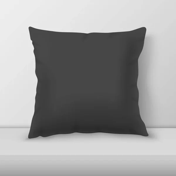 Vector Realistic 3d Black Pillow Closeup on Table, Shelf Closeup on White Wall Background, Mock-up. Empty Square Pillow Design Template for Mockup, Branding, Logo Print. Home, Hotel Decor. Front view — Stock Vector