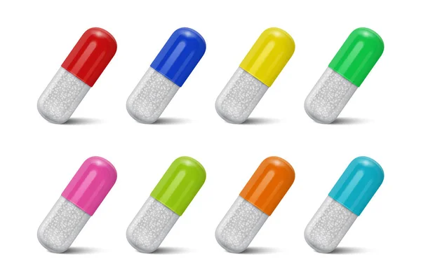 Vector realistiska 3d olika färg medicinska piller, kapslar ikon och Mock-up Set isolerad på vit bakgrund. Formgivningsmall med piller för grafik, Mockup. Hälso- och koncept. Vertikal — Stock vektor