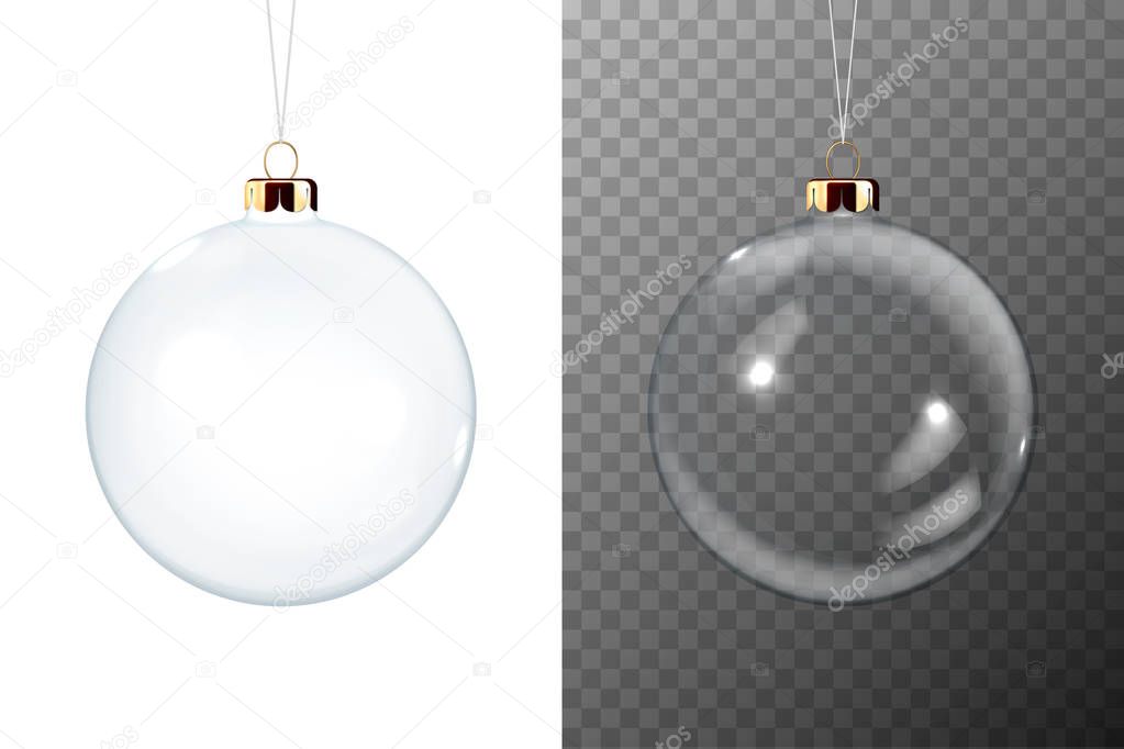 Vector Realistic 3d Christmas Transparent Glossy Glass Ball Icon, Mock-up Set Closeup Isolated. Design Template of Xmas and New Year Tree Toy Decoration Crystal Ball for Mockup. Front View