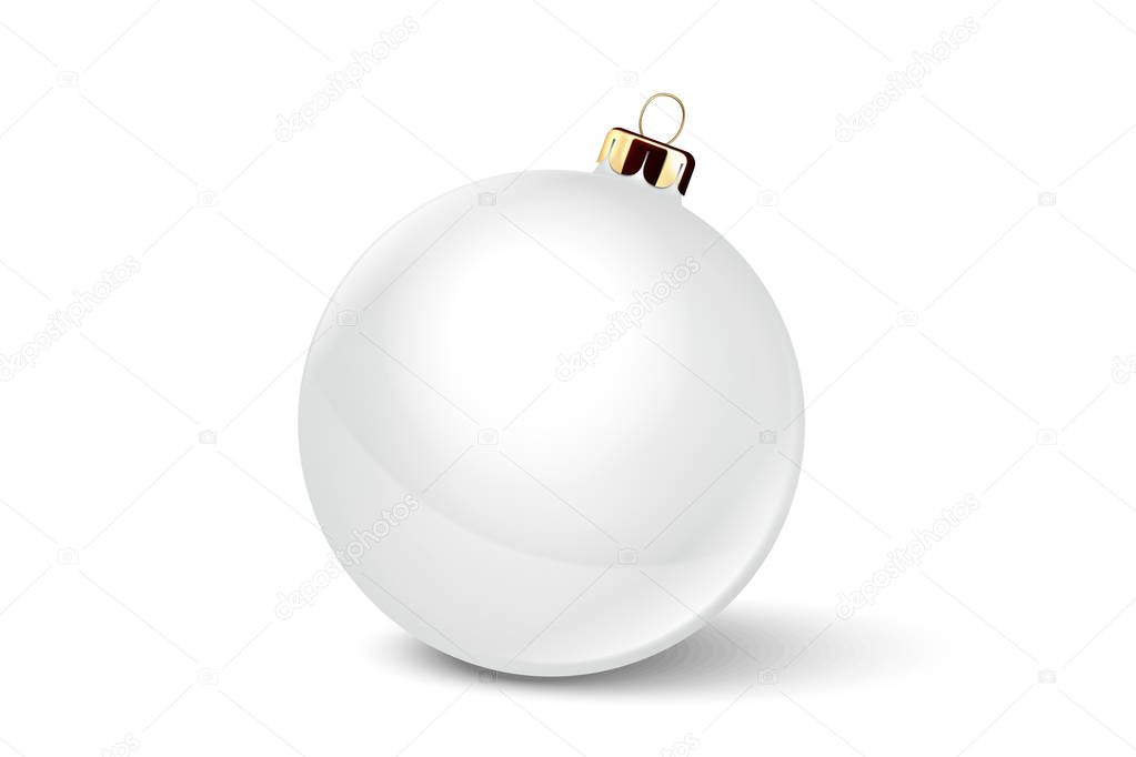 Vector Realistic 3d White Christmas Glossy Glass Ball Icon, Mock-up Closeup Isolated on White Background. Design Template of Xmas and New Year Tree Toy Decoration Shiny Ball for Mockup. Front View