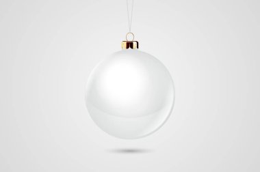 Vektör gerçekçi beyaz 3d Christmas parlak cam top kutsal kişilerin resmi, beyaz arka plan üzerinde izole Mock-up portre. Noel ve yeni yıl ağacı oyuncak dekorasyon top için Mockup tasarım şablonu. Önden görünüm