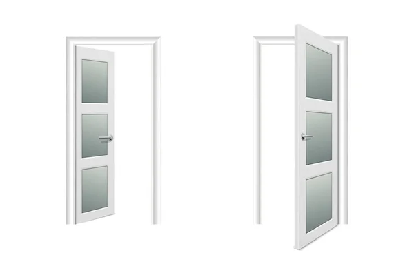 Vector Realista Diferente Abierto y Cerrado Blanco Icono de Puerta de Madera Set Primer plano Aislado sobre Fondo Blanco. Elementos de Arquitectura. Plantilla de diseño de Classic Home Door para gráficos. Vista frontal — Vector de stock