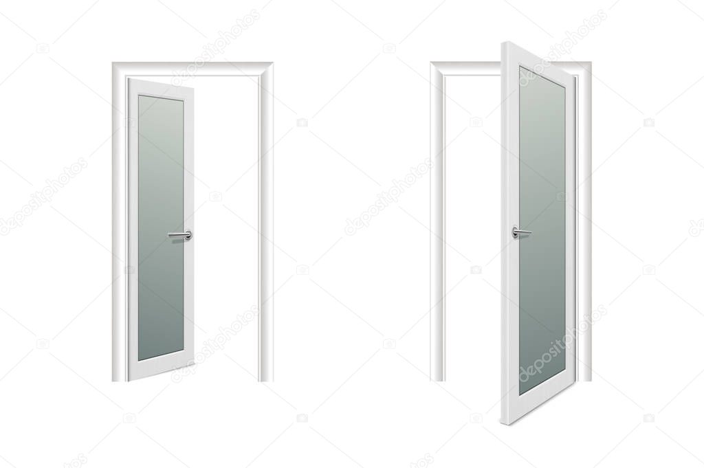 Vector Realistic Different Opened and Closed White Wooden Door Icon Set Closeup Isolated on White Background. Elements of Architecture. Design template of Classic Home Door for Graphics. Front View