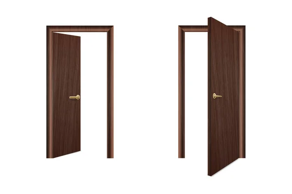 Vector Realistic Different Opened and Closed White Wooden Door Icon Set Closeup Isolasi di Brown Background. Elemen Arsitektur. Desain templat Klasik Home Door for Graphics. Tampilan Depan - Stok Vektor