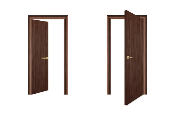 Vector Realista Diferente Abierto y Cerrado Blanco Icono de Madera Set Primer plano Aislado sobre Fondo Marrón. Elementos de Arquitectura. Plantilla de diseño de Classic Home Door para gráficos. Vista frontal — Vector de stock