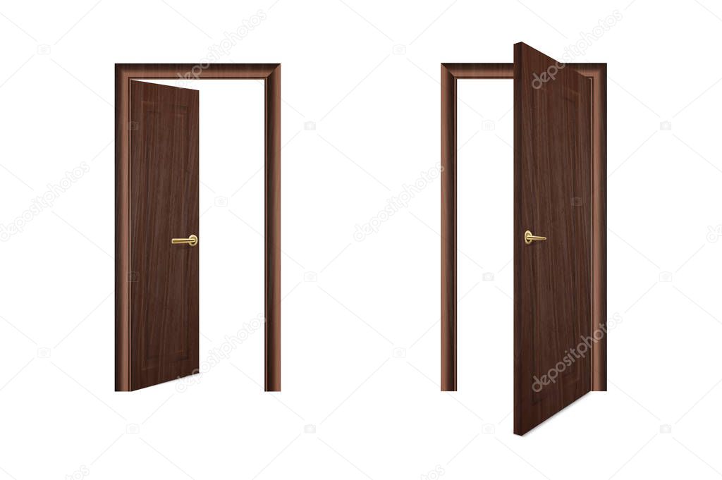 Vector Realistic Different Opened and Closed White Wooden Door Icon Set Closeup Isolated on Brown Background. Elements of Architecture. Design template of Classic Home Door for Graphics. Front View