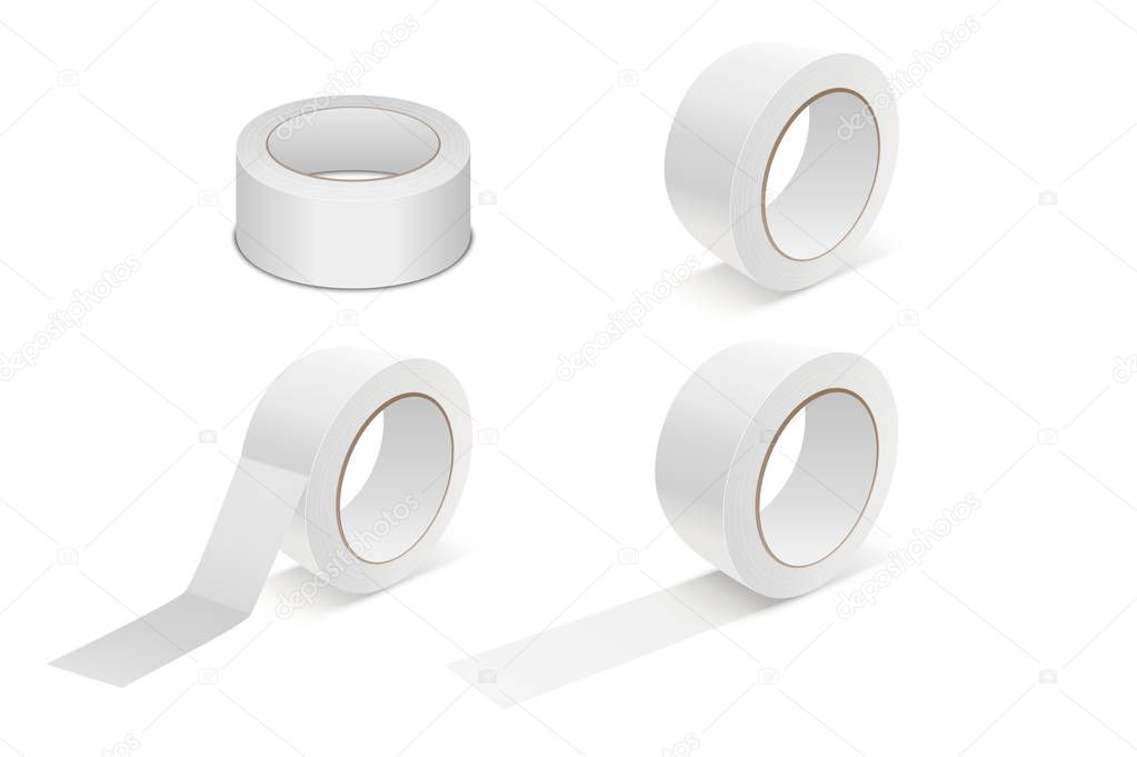 Vector Realistic White 3d Matte Tape Roll Icon Set or Mock-up Closeup Isolated on White Background. Design Template of Packaging Sticky Tape Roll or Adhesive Tape for Mockup. Front View.