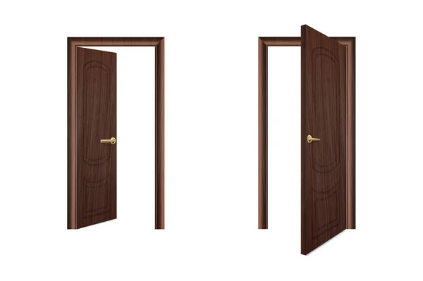 Vector Realista Diferente Abierto y Cerrado Blanco Icono de Madera Set Primer plano Aislado sobre Fondo Marrón. Elementos de Arquitectura. Plantilla de diseño de Classic Home Door para gráficos. Vista frontal — Vector de stock