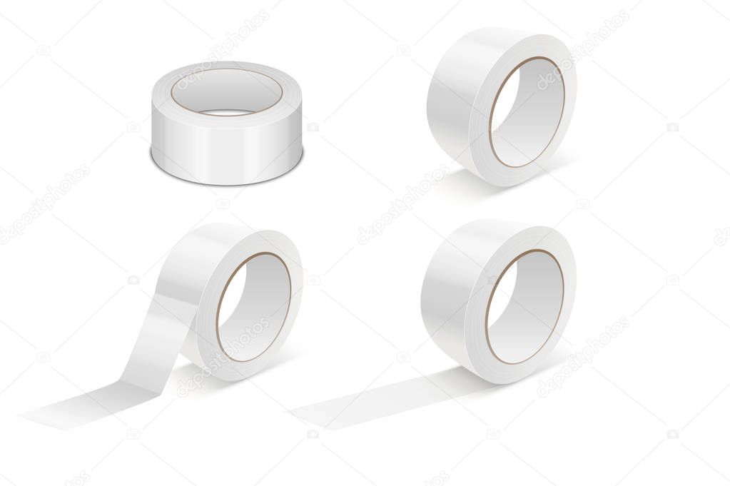 Vector Realistic White 3d GlossyTape Roll Icon Set or Mock-up Closeup Isolated on White Background. Design Template of Packaging Sticky Tape Roll or Adhesive Tape for Mockup. Front View.