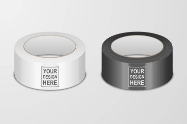 Gerçekçi beyaz ve siyah vektör 3d parlak kayda Icon Set veya beyaz arka plan üzerinde izole Mock-up portre. Yapışkan bant Roll ya da yapışkan bant Mockup için ambalaj tasarım şablonu. Önden görünüm