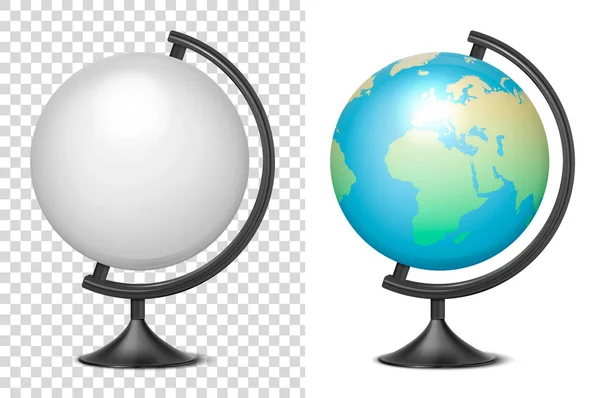 Vektor realistiska 3d-klot av planetjorden tomt och med karta av världen ikon närbild isolerade på vit bakgrund. Formgivningsmall skola jordglob tabell, modell av jorden för grafik, Clipart, Mockup — Stock vektor