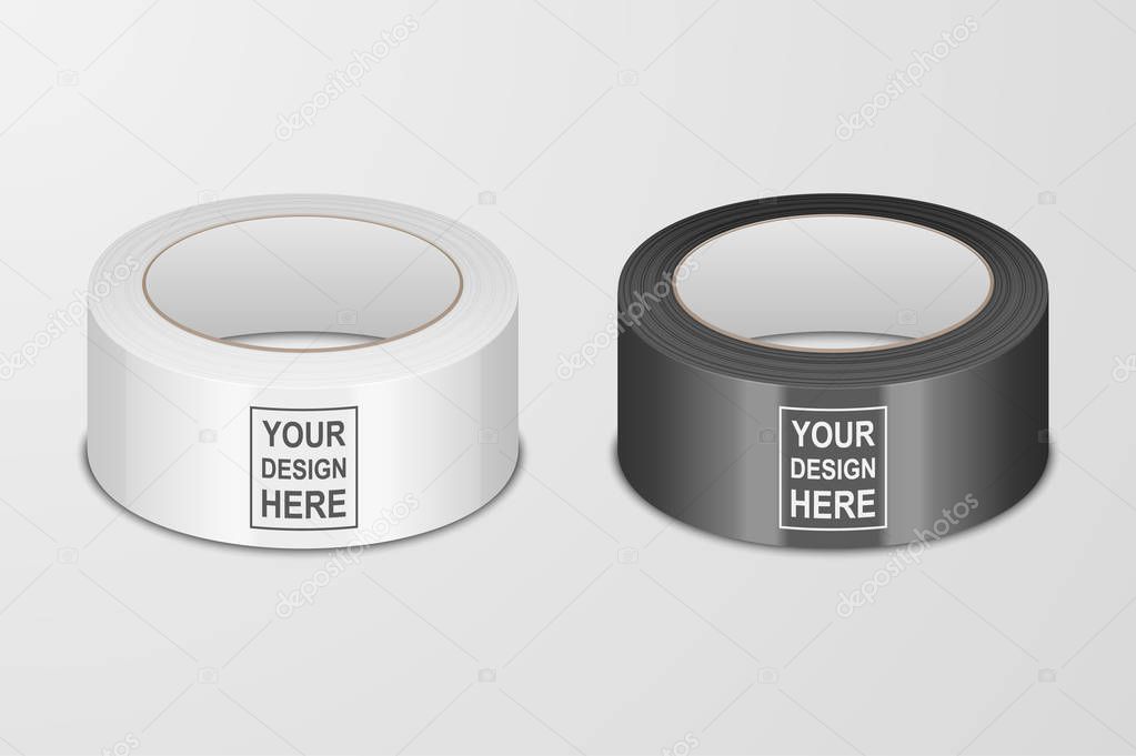 Vector Realistic White and Black 3d Glossy Tape Roll Icon Set or Mock-up Closeup Isolated on White Background. Design Template of Packaging Sticky Tape Roll or Adhesive Tape for Mockup. Front View.