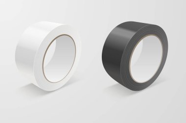 Gerçekçi beyaz ve siyah vektör 3d parlak kayda Icon Set veya beyaz arka plan üzerinde izole Mock-up portre. Yapışkan bant Roll ya da yapışkan bant Mockup için ambalaj tasarım şablonu. Önden görünüm