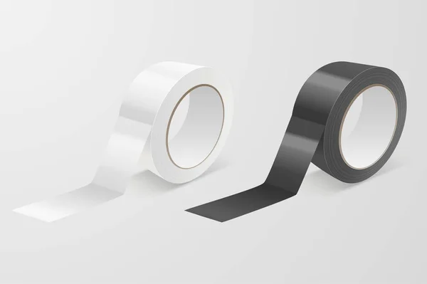 Vettoriale realistico bianco e nero 3d lucido nastro Roll Icon Set o falso primo piano isolato su sfondo bianco. Modello di design del rotolo di nastro adesivo per imballaggio o del nastro adesivo per Mockup. Vista frontale — Vettoriale Stock