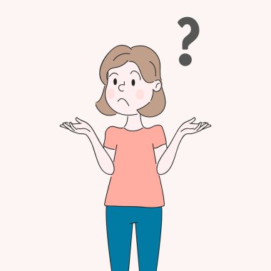 Bir kadın Shrugging, meraklı bir ifade ile karıştırılmamalıdır düşünüyorum - ben biliyorum. Bir kadın veya kız bir üzgün yüz, duygu ve soru işareti ile. Elle çizilmiş, çizgi film karakteri ile düz stil illüstrasyon