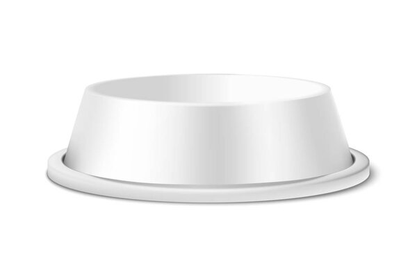 Векторный рефлекторный белый 3d Matte Blank Plastic или Pet Bowl Icon, мак-up Cup Isolated on White Foundation. Дизайн шаблона чаши для домашних животных, кошек, анимальных кормов для маков. Вид спереди
