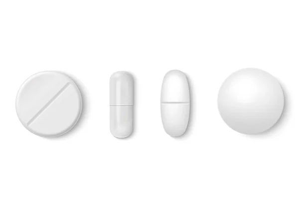 Beyaz arka plan üzerinde izole Closeup 3D gerçekçi beyaz tıbbi hap Icon Set vektör. Hap, kapsül grafik, Mockup tasarım şablonu. Tıbbi ve sağlık kavramı. Üstten görünüm — Stok Vektör