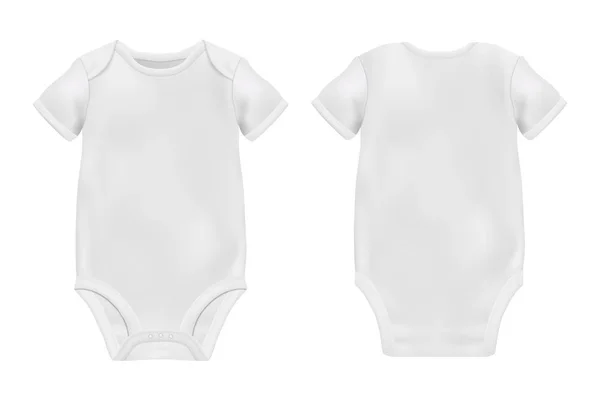 矢量逼真的白色空白婴儿紧身衣模板, 在白色背景隔离的模拟特写镜头。正面和背面。身体的孩子, 婴儿衬衫, 一个。配件, 给新生儿穿的衣服。顶视图 — 图库矢量图片