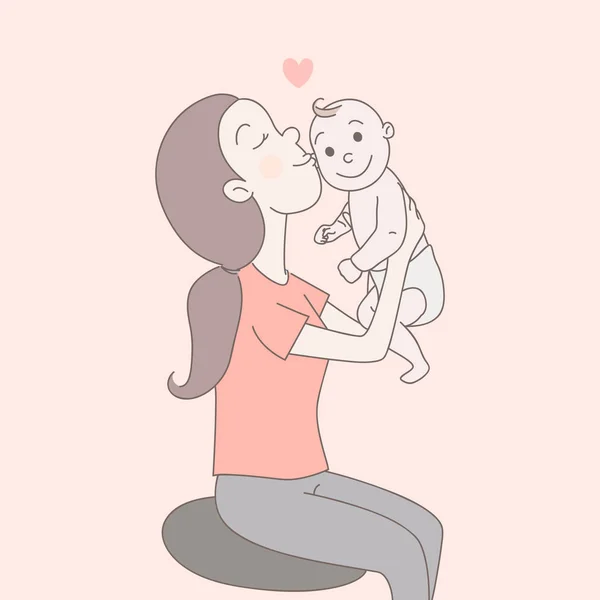 En glad mamma håller, tittar på den glad spädbarn nyfödd Baby och kyssar med kärlek. Föräldraskap, familj lycka koncept. Handritad, platt stil Illustration med seriefigurer — Stock vektor