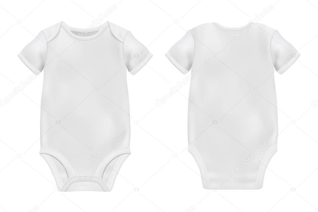 Vector Realistic White Blank Baby Bodysuit Template, Mock-up Closeup Isolated on White Background. Front and Back Side. Body children, baby shirt, onesie. Accessories, clothes for newborns. Top view.